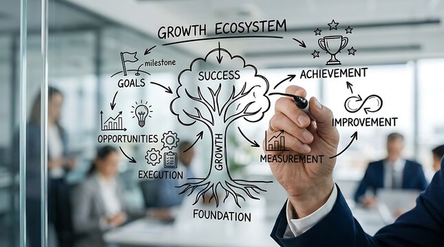 Business professional drawing a growth ecosystem diagram on a glass wall in an office.