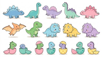 Obraz premium Cute Cartoon Dinosaur Collection Set with Baby Dinosaurs Hatching from Eggs - Kawaii Prehistoric Animal Vector Illustrations