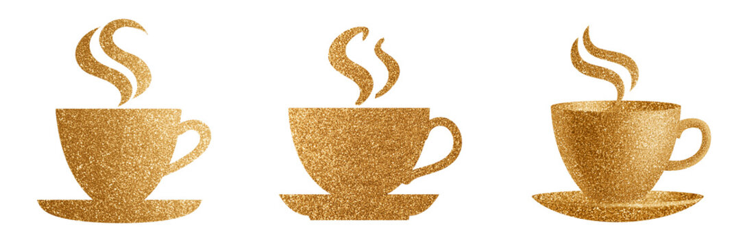Set of Golden glitter ceramic coffee cup paired with an elegant saucer, warm coffee producing gentle rising steam, sparkling surface catching the light on transparent png background. Ai generated