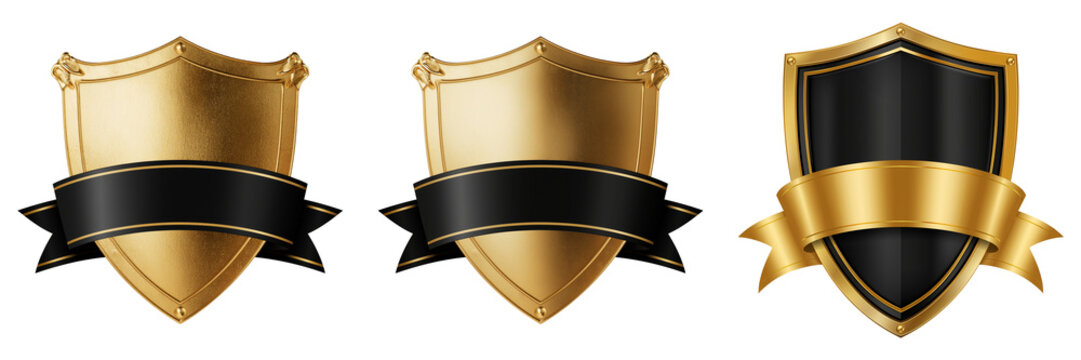 Set of Premium black shield with polished gold border, golden laurel wreath and blank decorative ribbon, classic award emblem style on transparent png background. Ai generated