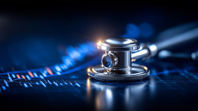 A stethoscope resting on financial charts represents healthcare finance analysis and medical market performance.
