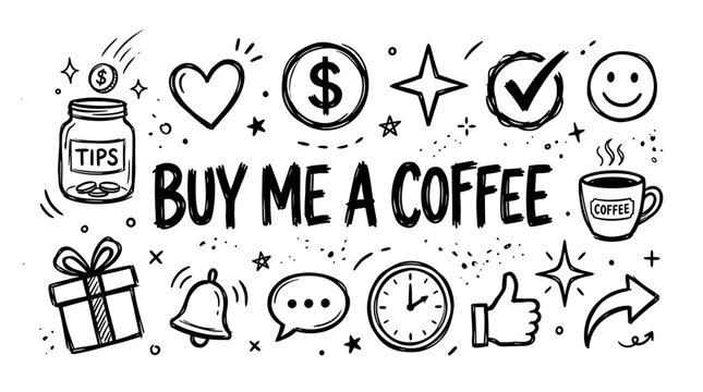 Buy me a coffee hand drawn doodle banner with tips jar, dollar sign, heart, clock, and gift box vector illustration