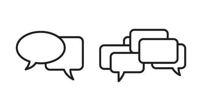 Minimalist chat bubble icon set, speech bubbles text boxes and conversation symbols in simple black and white line style

