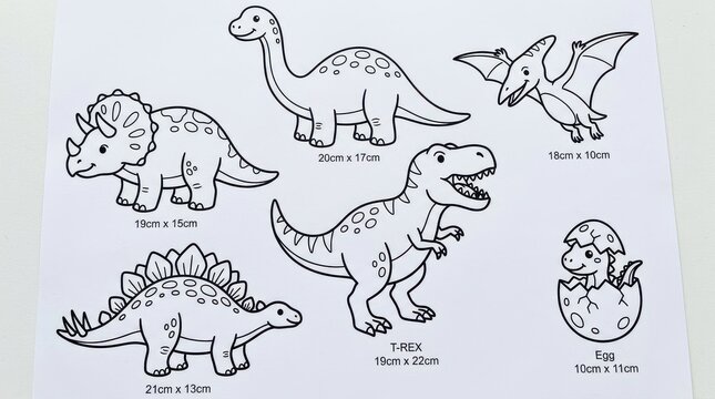Cute Cartoon Dinosaur Line Art Collection for Kids Coloring and Stickers Featuring T-Rex and Triceratops