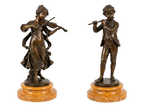 Bronze statues of a young girl playing violin and a boy playing flute isolated on transparent background