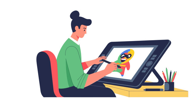 Female Graphic Designer Working on Digital Drawing Tablet for Character Illustration