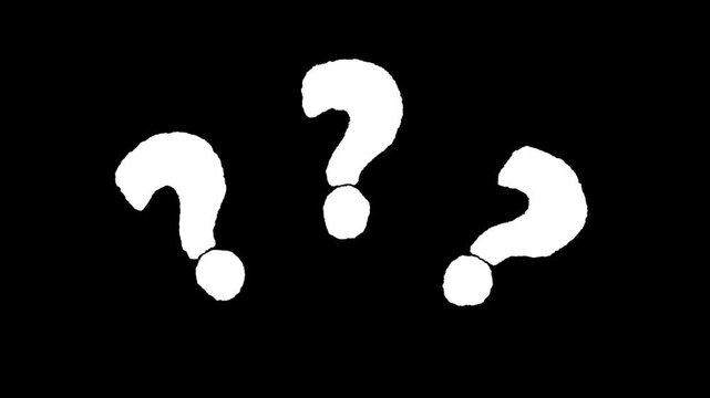 Animated White Question Mark Icons Motion Video Loop Isolated on Black Background, FAQ, Quiz, Mystery, Decision Making, and Confusion Symbol Overlay