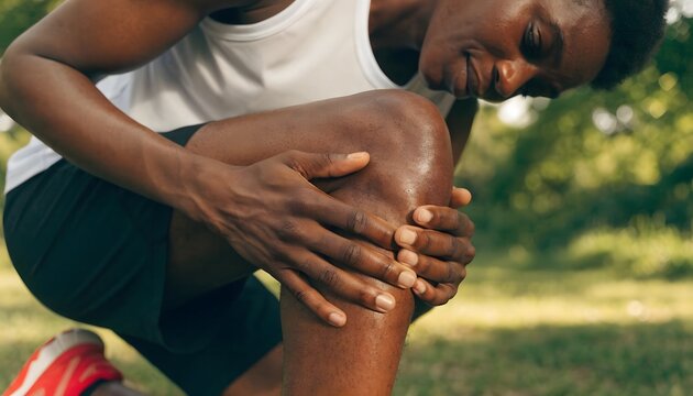 Athlete experiencing knee joint pain during outdoor workout. Sports injury rehabilitation and physical therapy. Runner kneeling on grass and holding his injured leg
