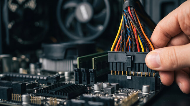 Person hands connecting a main power cable to the motherboard inside a computer case while assembling hardware components for a custom gaming system
