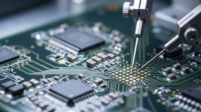 Small metal needles test electrical connections on a circuit board during an industrial manufacturing or quality control procedure