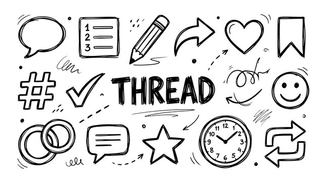 Hand-drawn social media thread doodle icons collection with arrows, hashtags, and engagement symbols