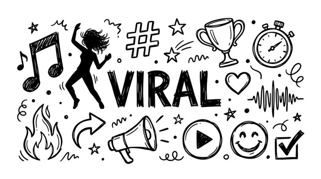 Hand drawn doodle concept with the word viral surrounded by social media icons, music notes, dance silhouette, and marketing symbols for online content