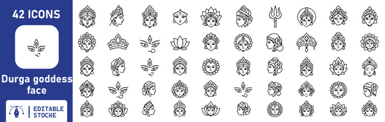 Obraz premium 42 Durga Goddess Face Vector Outline Icons Set – Hindu Goddess, Devi, Sacred Eyes, Lotus, Trishul and Religious Line Symbols Collection