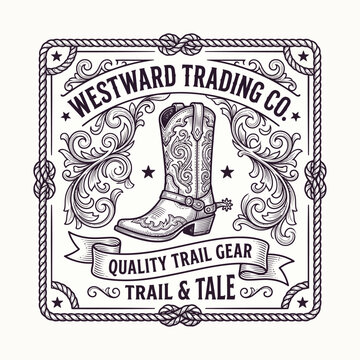 Vintage western trading company emblem with cowboy boot, rope border and ornate filigree vector illustration