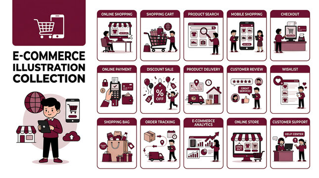 E-commerce business process icons set with flat vector illustrations