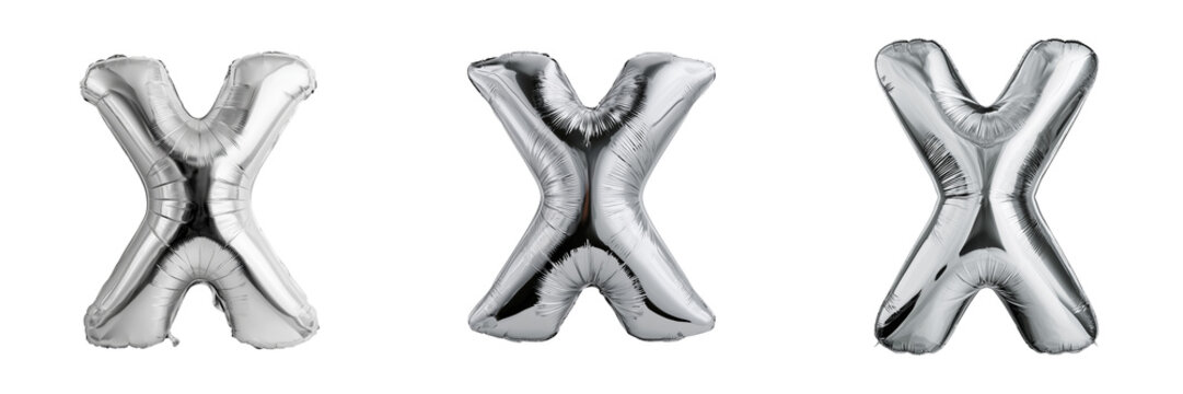 Set of Shiny metallic silver letter X in a soft inflated 3D balloon font style, puffy rounded structure, smooth reflective surface on transparent png background. Ai generated