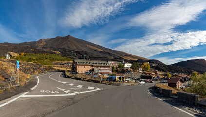 Fototapeta premium Parco dell’Etna, Sicily, Italy - November 3, 2025: A picture of the Rifugio Sapienza, the base at Parco dell’Etna.