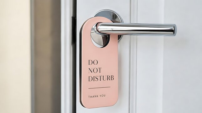 Peach colored do not disturb sign hanging on a modern silver door handle in a bright hotel or office environment, offering privacy and quiet for guests or employees needing rest or focus.
