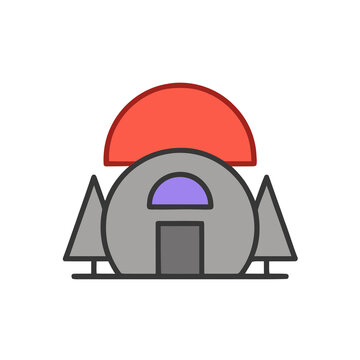 Stylized rounded building with trees and red dome