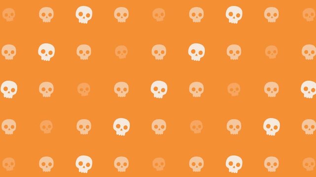 Seamless looping pattern of white skulls on orange background