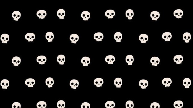 Seamless looping pattern of white skulls on black background