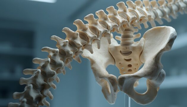 Human spine and pelvis skeleton structure. Orthopedic spine health and chiropractic study. Anatomical model of a human spinal column and hip bones