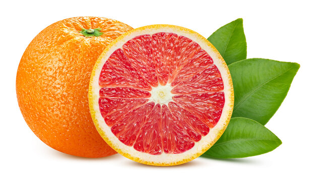 One red orange fruit isolated on white background. Organic red orange with precise clipping path for digital editing. Every red orange has high quality citrus texture