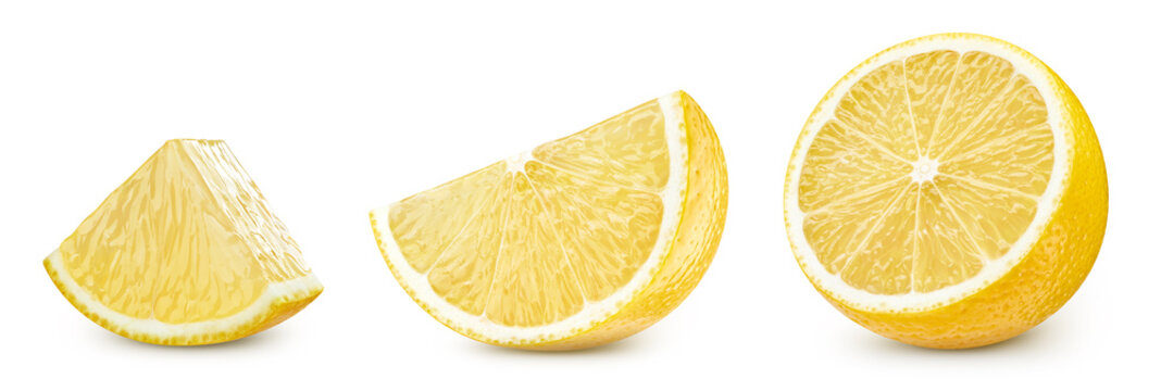 Fresh lemon slices and pieces collection set isolated on white background with clipping path. Juicy cut citrus for packaging design. Full depth of field