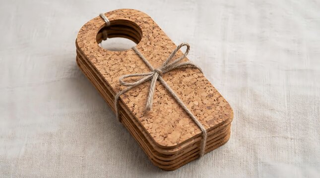 A stack of natural eco-friendly cork door hangers or bottle neck tags tied with a rustic jute string bow, placed on a light grey textured fabric surface for sustainable branding and packaging.