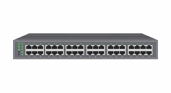 Illustration of a grey rackmount network switch with multiple ethernet ports and green status LED indicators, symbolizing IT infrastructure and digital connectivity.
