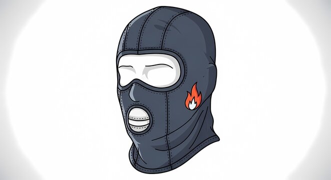 Illustrative dark grey balaclava ski mask with small flame icon on mannequin head, isolated on white background, suitable for winter sports, tactical gear, and protective apparel.