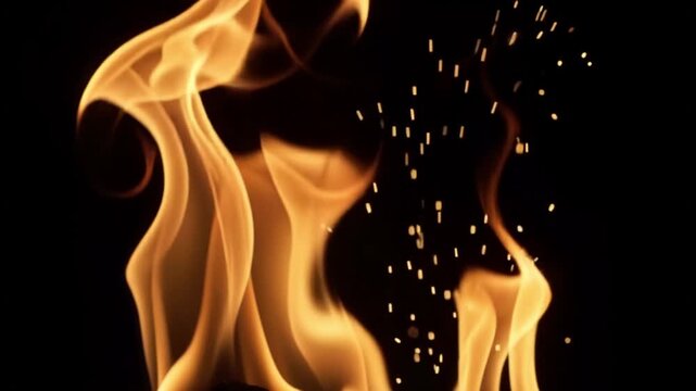 Vibrant abstract tongues of fire and glowing golden sparks dancing against a deep dark black background