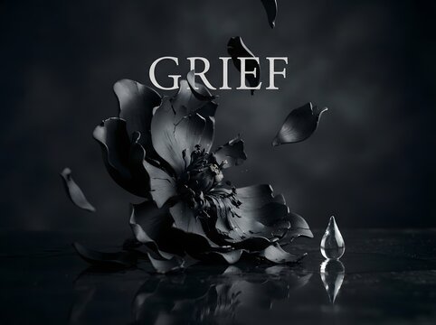 Grief Concept with Broken Black Flower and Glass Tear