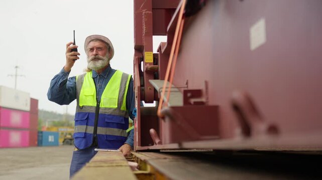 A senior foreman coordinates logistics with a tablet and walkie-talkie while inspecting cargo containers at a busy shipping terminal, overseeing supply chain operations.
