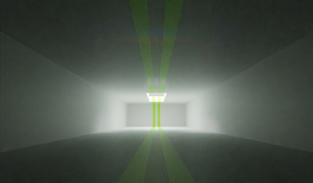 A clean, open, square room with light streaming down from a ceiling opening; 3D illustration.