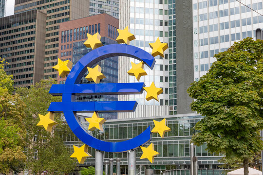 the EURO sign downtown Frankfurt as symbol for Europe at Willi Brandt town square.