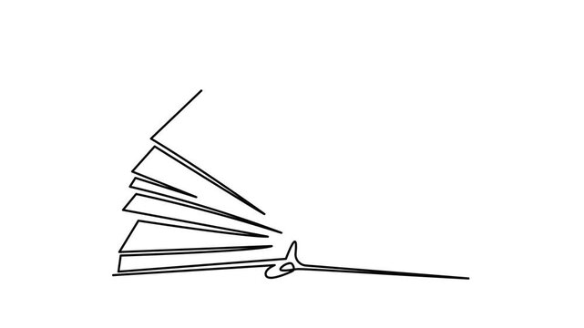 Open book with flipping pages one line art animation, continuous line drawing reading education library motion, knowledge learning literature education 4k self-drawing video