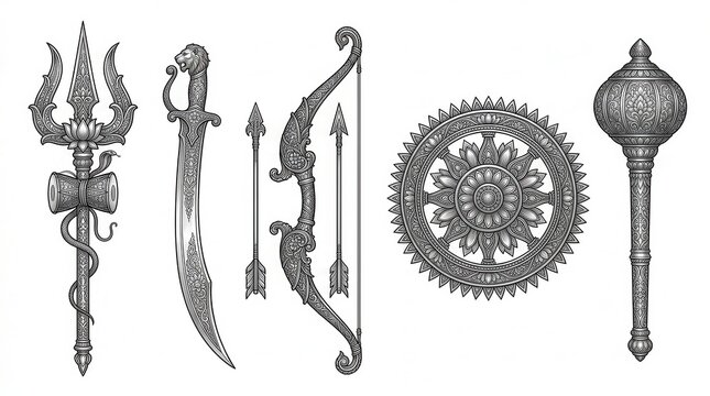 Ornate Set of Hindu Mythological Weapons Including Trishula, Gada, Sudarshana Chakra, Bow and Sword Illustration