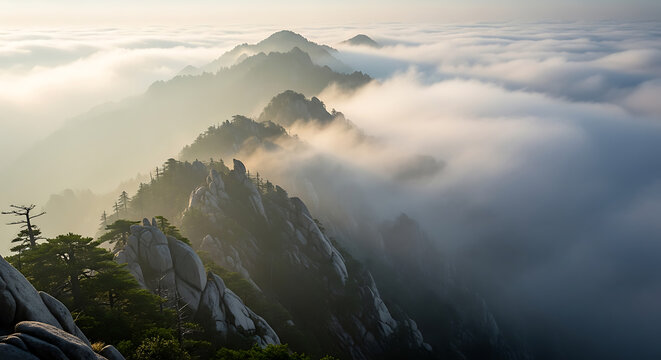 Majestic mountain peaks rising above a sea of thick rolling clouds during sunrise