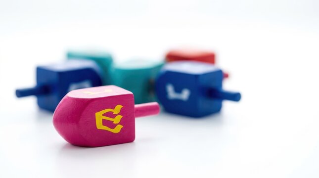Colorful wooden Hanukkah dreidels clustered on a clean white background with focus on a bright pink top.