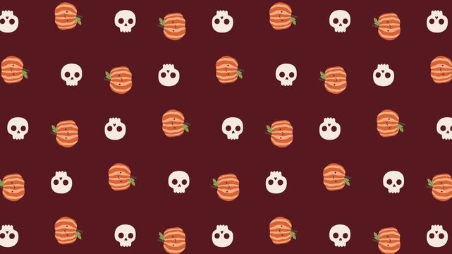 Seamless pattern animation with pumpkins and skulls on dark background