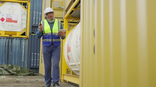 An experienced port worker in a hard hat uses a digital tablet for inventory management and freight inspection at an industrial shipping container yard.