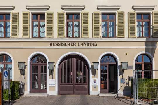 facade of Hesse Parliament with police controlled entrance at the old castle in WIesbaden, Germany.
