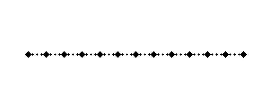 Black dotted line and diamond divider element. Minimalist geometric border, horizontal separator and simple text decoration isolated on transparent background.