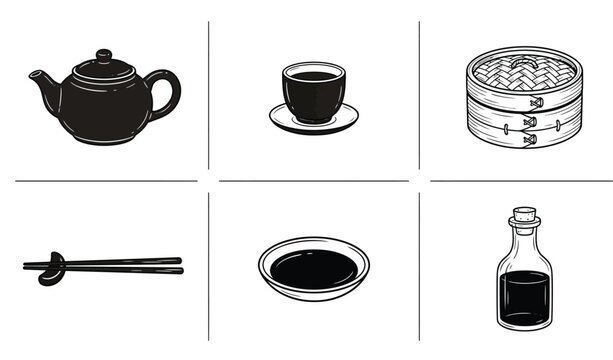 Traditional Chinese dim sum icons set, black and white Asian cuisine vector elements, teapot and bamboo steamer illustrations for restaurant menus