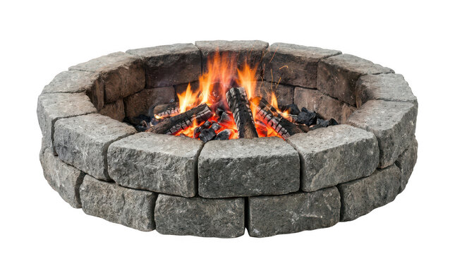 Circular stone fire pit with burning wood logs and flames isolated on transparent background