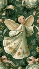 Obraz premium Vintage green Christmas angel girl mobile wallpaper, botanical folk art