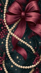 Obraz premium Elegant burgundy bow, pearls, berries, stars, evergreen branches, mobile wallpaper