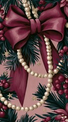 Obraz premium Burgundy Christmas bow, pearls and greenery, vintage mobile wallpaper