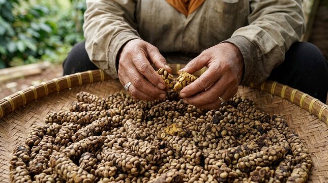 Traditional Processing of Luwak Coffee Beans Handled by an Expert Producer in a Woven Tray for High Quality Artisan Beverage Production